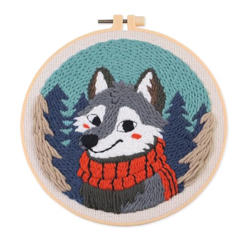 Myfelicity Punch Needle kit, a Beginner Set with Wolf Pattern Design, Suitable for Beginners and Adults with 7.9-inch Hoop - color: wolf