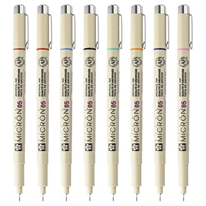 Sakura Cray-Pas Micron Pen Set 05 (.45mm) Micron Pen, 8 Count Micron Pens, Assorted Colors Drawing Pens