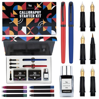Wordsworth & Black Calligraphy Kit for Beginners, 2 Ink Pens, 5 Nibs, Blue - color: Red and Blue