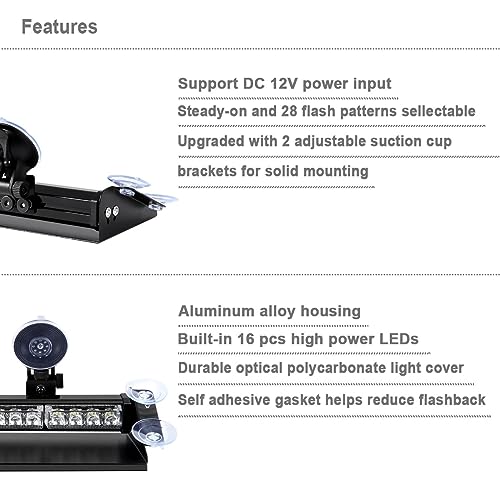 WOWTOU LED Amber White Strobe Dash Light w/Windshield Suction Cup Bracket - color: Amber / White