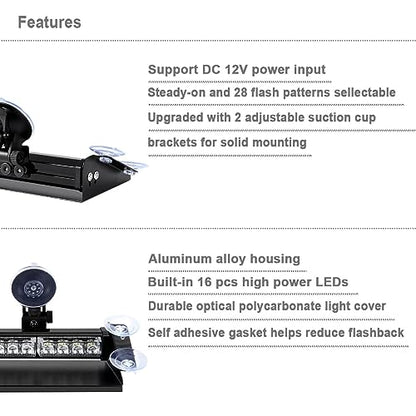 WOWTOU LED Amber White Strobe Dash Light w/Windshield Suction Cup Bracket - color: Amber / White