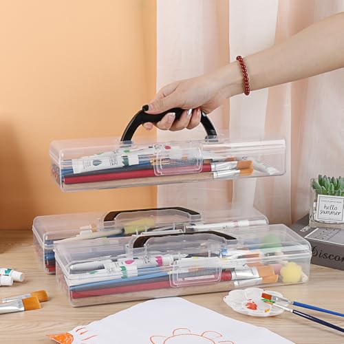 BTSKY 3 Pack Clear Plastic Painting Brush Container with Black Handle, Portable Long Paintbrush Case, Drawing Tools Storage Box, Practical Art Supply Organizer for Artist Crafters, 13.2"x3.5"x2.4"