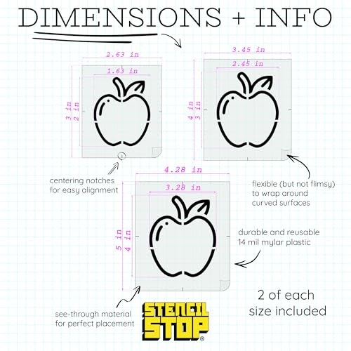 Stencil Stop Apple Stencils - Reusable for DIY Projects, Painting, Drawing, Crafts - 14 Mil Mylar Plastic (Apple- 6 Pack (2", 3", and 4", 2 Each)) - size: Apple- 6 pack (2", 3", and 4", 2 each)
