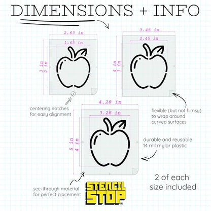 Stencil Stop Apple Stencils - Reusable for DIY Projects, Painting, Drawing, Crafts - 14 Mil Mylar Plastic (Apple- 6 Pack (2", 3", and 4", 2 Each)) - size: Apple- 6 pack (2", 3", and 4", 2 each)