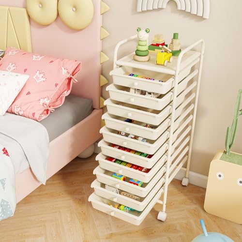 RELAX4LIFE 10 Drawer Rolling Cart - Slim Storage Cart w/Lockable Wheels - color: White, size: 34''H