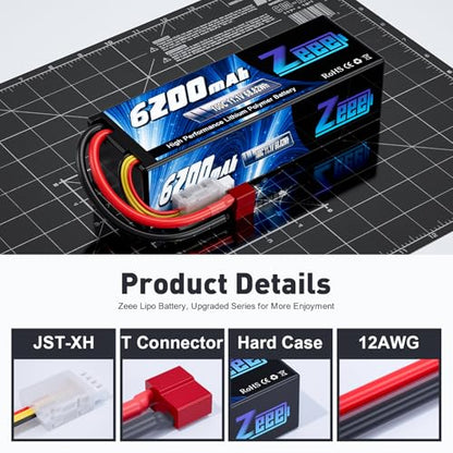 Zeee 3S Lipo Battery 6200mAh 11.1V 100C with T Connector (2 Pack)