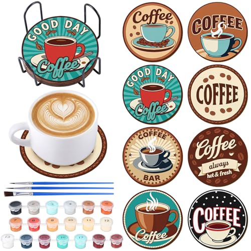 Reallnaive 8 Pcs Coffee Paint by Numbers Kit for Adults Wooden Coaster - style: Coffee