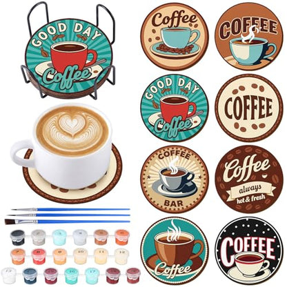 Reallnaive 8 Pcs Coffee Paint by Numbers Kit for Adults Wooden Coaster - style: Coffee