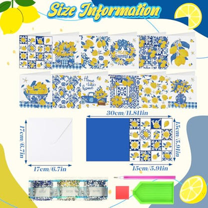 Saillong 12 Pack Lemon Diamond Painting Greeting Cards Kits Summer Capri Italy Lemon Diamond Art Cards with Envelopes Blue Yellow 5D Rhinestones Painting Making Kit for Adult DIY Craft Summer Gifts - color: Lemon