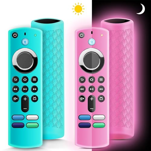 (2 Pack) ONEBOM Silicone TV Remote Cover Case, Anti Slip Silicone Protective Control Case Cover with Lanyard（Glow Pink&Sky Blue） - color: Glow Pink&Not Glow Sky Blue