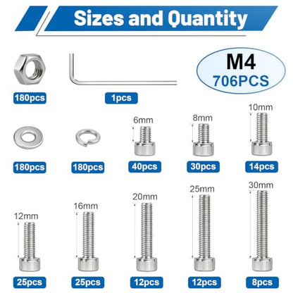 706PCS M4 Hex Socket Head Cap Screw Assortment Kit 304 Stainless Steel - size: SS M4 706PCS