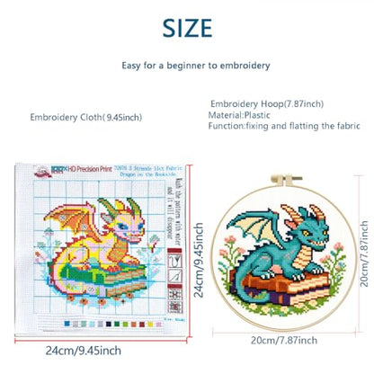 Zhenqing Cute Dragon on Books Stamped Cross Stitch Kit for Beginners, 11CT Printed 24 x 24 cm Fantasy Book Dragon Pattern with Hoop, Threads, Needles and English Instructions, DIY Embroidery Set - color: Bookish Little Dragon