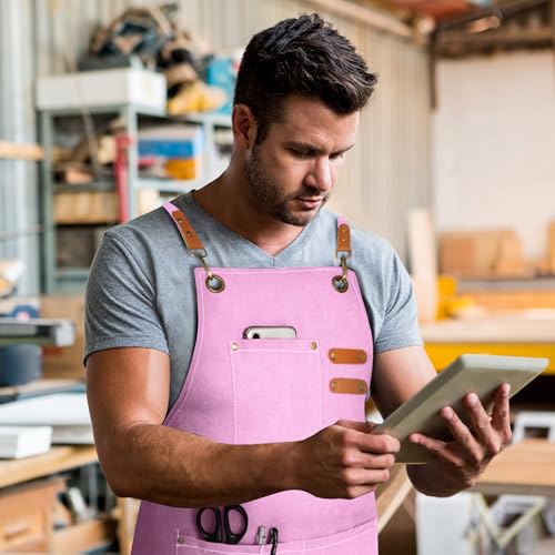 OUNLEN Chef Apron for Men Women Canvas Aprons with 3 Pockets Cross Back Resistant Work Apron for Cooking - color: Light Pink