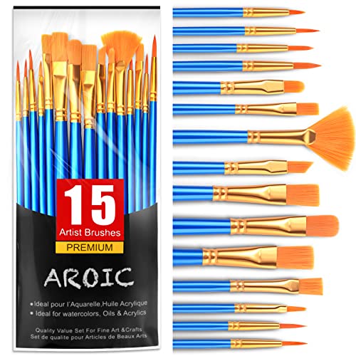 AROIC Acrylic Paint Brush Set, 15 pcs Nylon Hair Paint Brushes - size: 15pcs