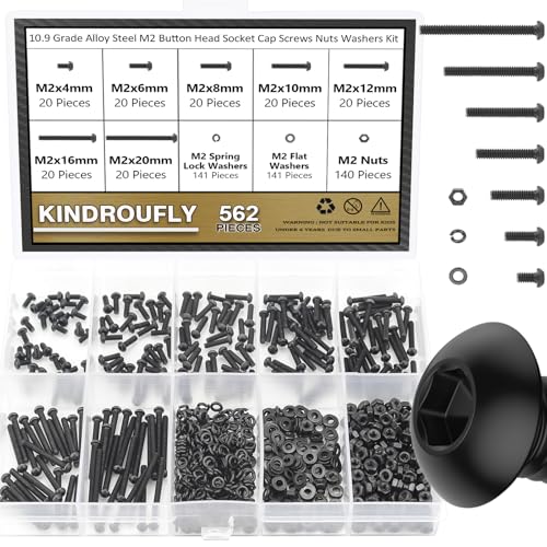 562 Pieces Black M2 x 4/6 /8/10 /12/16 /20mm Button Head Socket Cap Screws Nuts Washers Assortment Kit, 10.9 Grade Alloy Steel - size: M2, style: Button Head