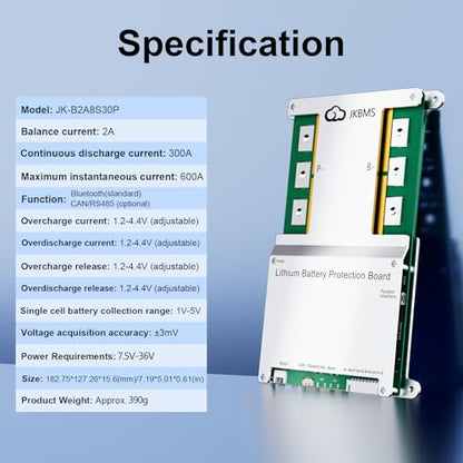 JKBMS JK-B2A8S30P 3S-8S 300A Lithium Battery BMS, 2A Active Balance - size: JK-B2A8S30P