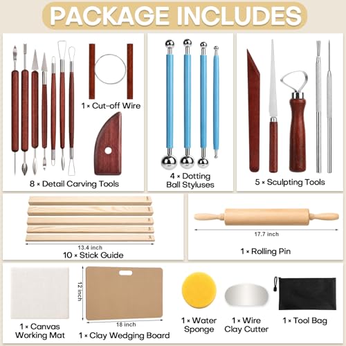 34Pcs Clay Sculpting Tools Include Clay Pottery Carving Tool Wood Rolling Pin Portable Wedging Board Linen Tablecloth 5 Size Teaching Rolling Mud Stick Guide for Crafts Arts Ceramics Pottery Tools