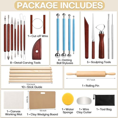 34Pcs Clay Sculpting Tools Include Clay Pottery Carving Tool Wood Rolling Pin Portable Wedging Board Linen Tablecloth 5 Size Teaching Rolling Mud Stick Guide for Crafts Arts Ceramics Pottery Tools