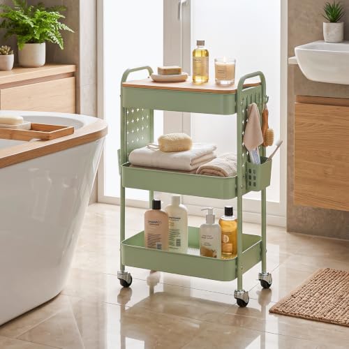 3 Tier Rolling Cart with Table top, Metal Utility Cart with DIY Pegboard - color: Green With Pegboard