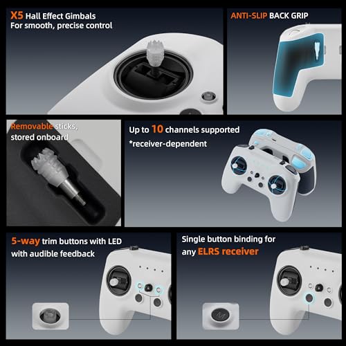 Radiomaster T8L ELRS 2.4GHz Radio Transmitter, 204g Lightweight Screenless Remote Controller with Hall-Effect Gimbals, USB-C Charging & Simulator Compatibility for FPV Drones (White) - color: White