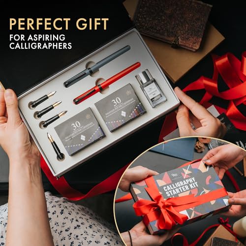 Wordsworth & Black Calligraphy Kit for Beginners, 2 Ink Pens, 5 Nibs, Grey - color: Red Grey
