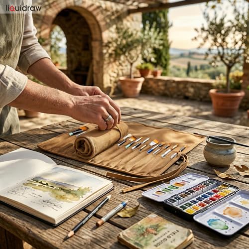 Liquidraw 30 Pocket Roll-Up Canvas Paint Brush Holder, 21 x 18in (Brown) - color: Brown