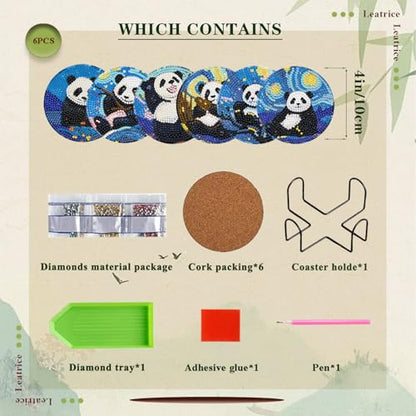 Leatrice 6PCS Diamond Art Coasters Small Diamond Painting Kits for Adults - color: BB Panda