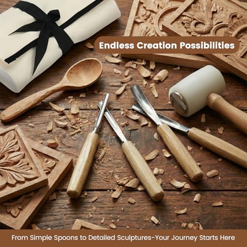 Wood Carving Kit – 12 PCS Professional Wood Carving Tools Set with Mallet & Canvas Case, Pre-Sharpened CR-V 60 Steel Gouges and Chisels for Whittling, Spoon Carving, Beginners & Professionals