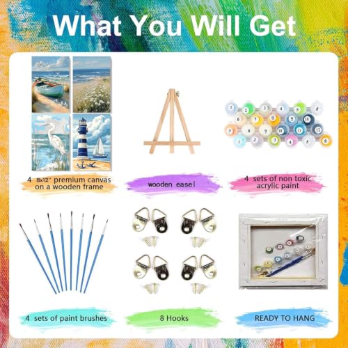 Ekuxom 4 Pack Beach Paint by Numbers Kit for Adults with Frame-Wooden Ease - color: 4 Pack Beach-1