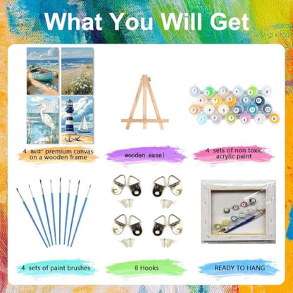 Ekuxom 4 Pack Beach Paint by Numbers Kit for Adults with Frame-Wooden Ease - color: 4 Pack Beach-1