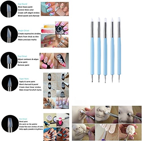 COMIART 5 X 2 Way Ball Styluses Dotting Tool Silicone Color Shaper Brushes Pen for Polymer Clay Pottery Modeling Sculpture Nail Art