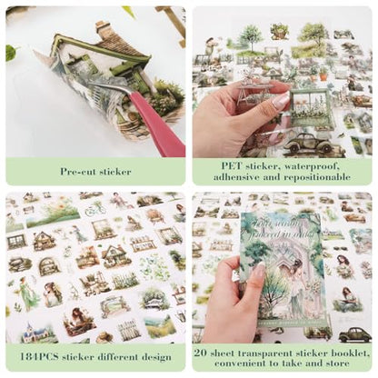 Spring Theme Journal Stickers - 20 Sheets Precut PET Tape Stickers for Junk Journal, Planner, Scrapbooking & Art Collage - color: Green