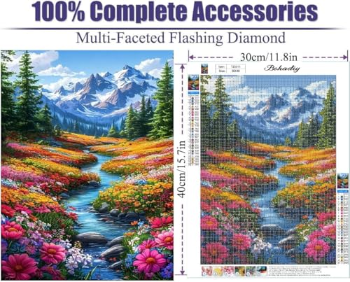 BOHADIY 5D Diamond Art Painting Kits for Beginners, Snowy Mountain Art Kits for Beginner,DIY River Flower Full Round Gem Crystal Art Paint by Diamond Home Wall Decor12X16inch