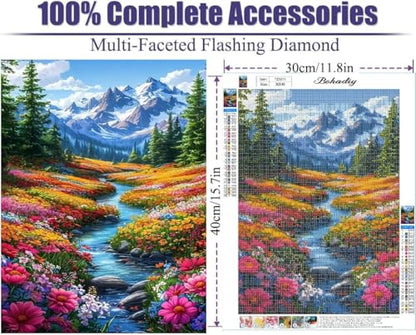 BOHADIY 5D Diamond Art Painting Kits for Beginners, Snowy Mountain Art Kits for Beginner,DIY River Flower Full Round Gem Crystal Art Paint by Diamond Home Wall Decor12X16inch