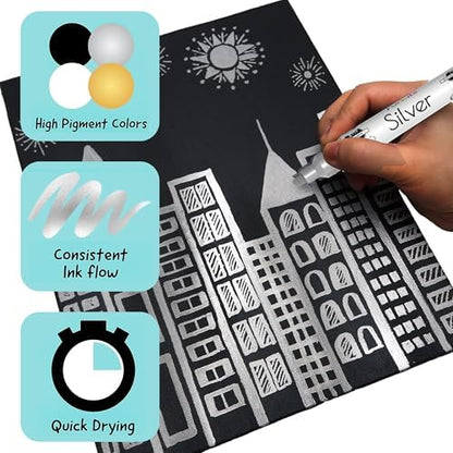4 Metallic Silver Paint Pen, Acrylic (Dual Tip) - Fine Tip & Medium - color: Silver