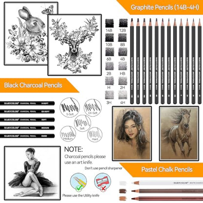 MARTCOLOR Drawing Sketching Pencils Set, 34 Pieces Graphite Pencil (14B-4H)
