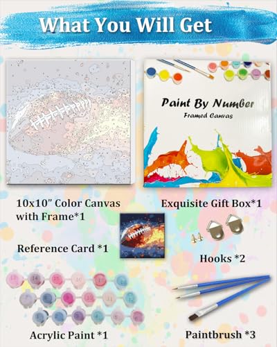 TOCARE Framed Paint by Numbers Kit for Adults Beginner & Kids Ages 8-12, American Football Paint by Number with Frame, Football Sports Paint by Number Kits Canvas Framed (10x10 Inch, Without Easel) - color: TC-F-214