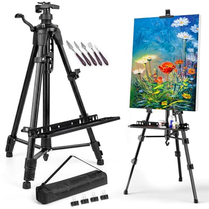 Adjustable Artist Easel - 19.69" to 61.8", Portable Folding Tabletop or Floor Easel with Brush Tray, Carry Bag, 4 Clips, 5 Palette Knives for Painting, Display, and Art Exhibitions (Black)