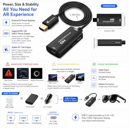 Guermok HDMI to USB C Video Display Adapter, 4.9ft AR Glasses Hub, 4K@60Hz - color: Black, size: 4.9FT
