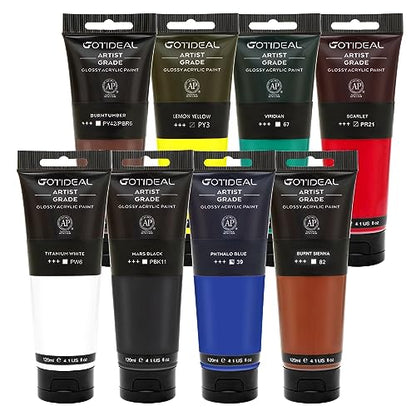 GOTIDEAL Paint Brush Set 10 Pcs with Acrylic Paint Set,8 Primary Colors（(120ml,4 oz)