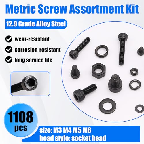 1108PCS Metric Screw Assortment Kit, M3 M4 M5 M6 Metric Bolts and Nuts Kit with with Lock & Flat Washers, 12.9 Grade Alloy Steel Hex Socket Head Cap Screws for 3D Printing - size: M3 M4 M5 M6-1108PCS