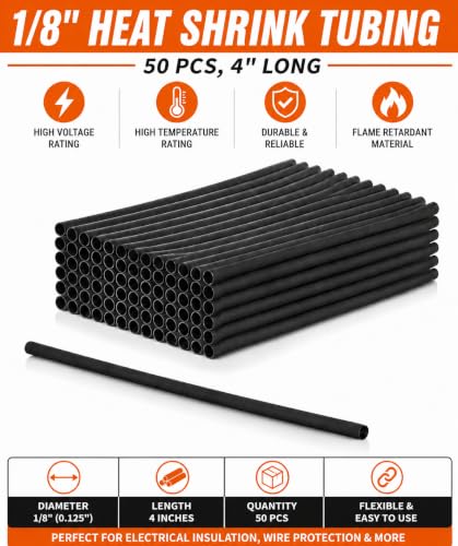 1/8" Heat Shrink Tubing, 50 pcs, 4" Long, High Voltage & Temperature Rating