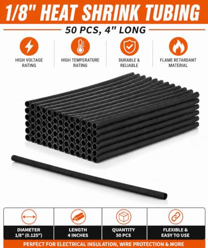 1/8" Heat Shrink Tubing, 50 pcs, 4" Long, High Voltage & Temperature Rating