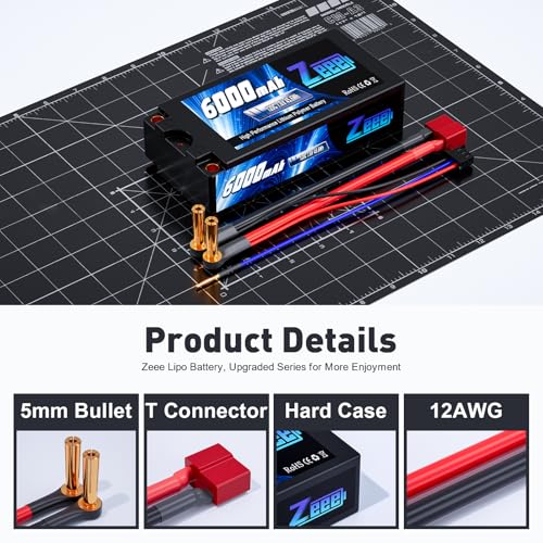 Zeee 2S Shorty Lipo Battery 6000mAh 7.6V 120C with 5mm Bullet to T Plug