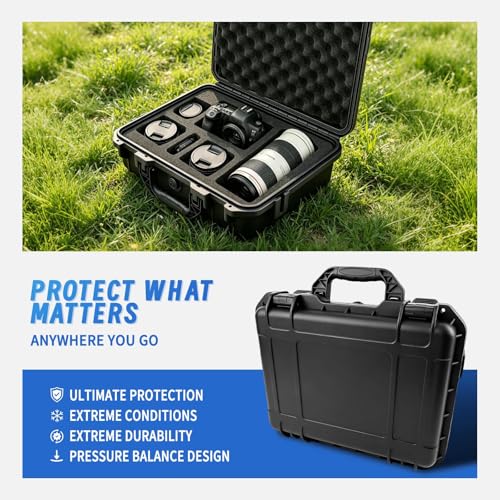 GreenCycle 14.3 x 11.4 x 4.5 Inch Waterproof Hard Case with DIY Customizable Foam Insert Portable Protective Storage Case with Knife for Camera Drones Equipments Tools Test Instruments,Black,2PK