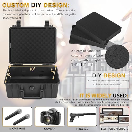 Protective Hard Case Shockproof Water-resistant with Customized DIY Foam Insert fit for Camera, etc, 11 X 9.5 X 5-Inch - size: Inner：10 X 7 X 4.7 Inch