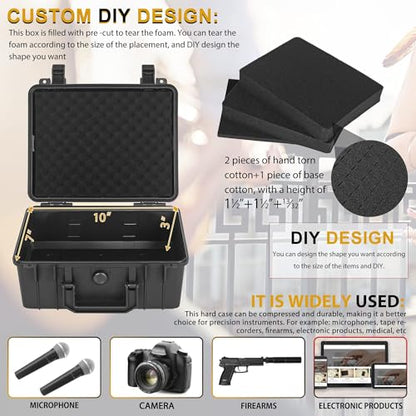 Protective Hard Case Shockproof Water-resistant with Customized DIY Foam Insert fit for Camera, etc, 11 X 9.5 X 5-Inch - size: Inner：10 X 7 X 4.7 Inch