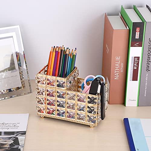 BTSKY Crystal Remote Control Holder 2 Slots Desktop Organizer Multi-Function Desk Stationery Storage Box Decorative Storage Caddy for TV Controllers Office Stationery Makeup Brushes Art Supplies(Gold)