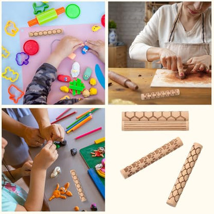 CREATCABIN 4 Pcs Wooden Clay Texture Rollers Pottery Stamp Roller Tools Sector Straight Line Paw Hexagon Pattern Textured Rolling Pins for Modeling Ceramics Painting Handmade Craft Art DIY 3.94 Inch