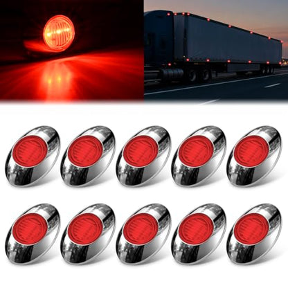 Nilight 3" Oval LED Trailer Marker Light, Chrome Bezel Red Lens - color: Red 3" 10Pcs